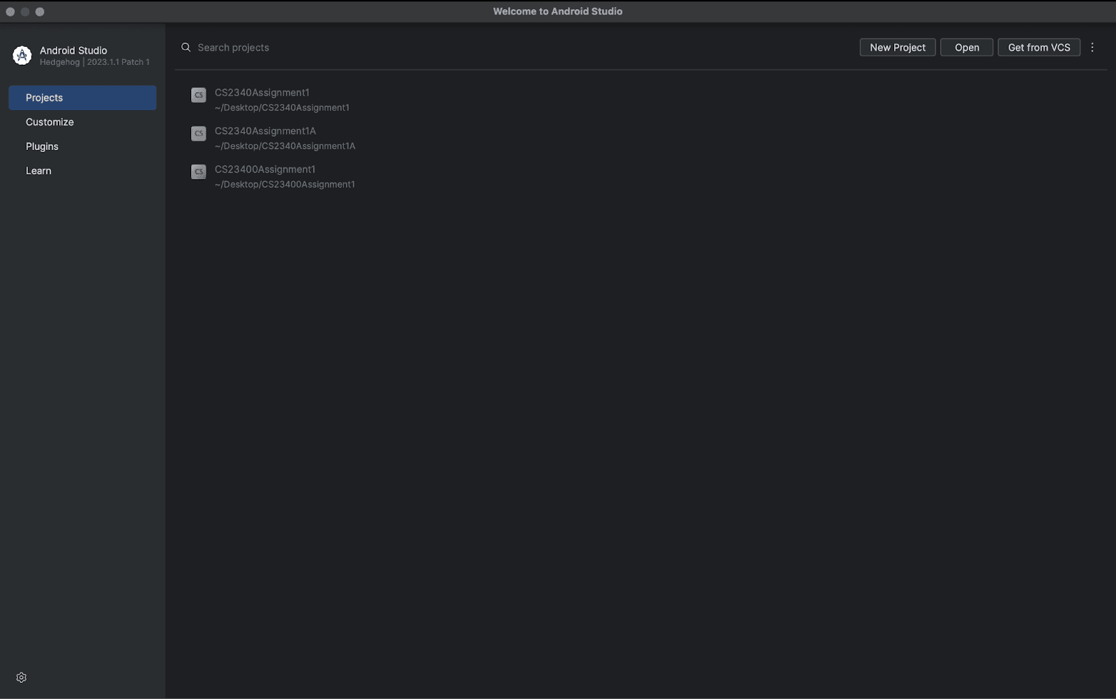 Android Studio Welcome Screen